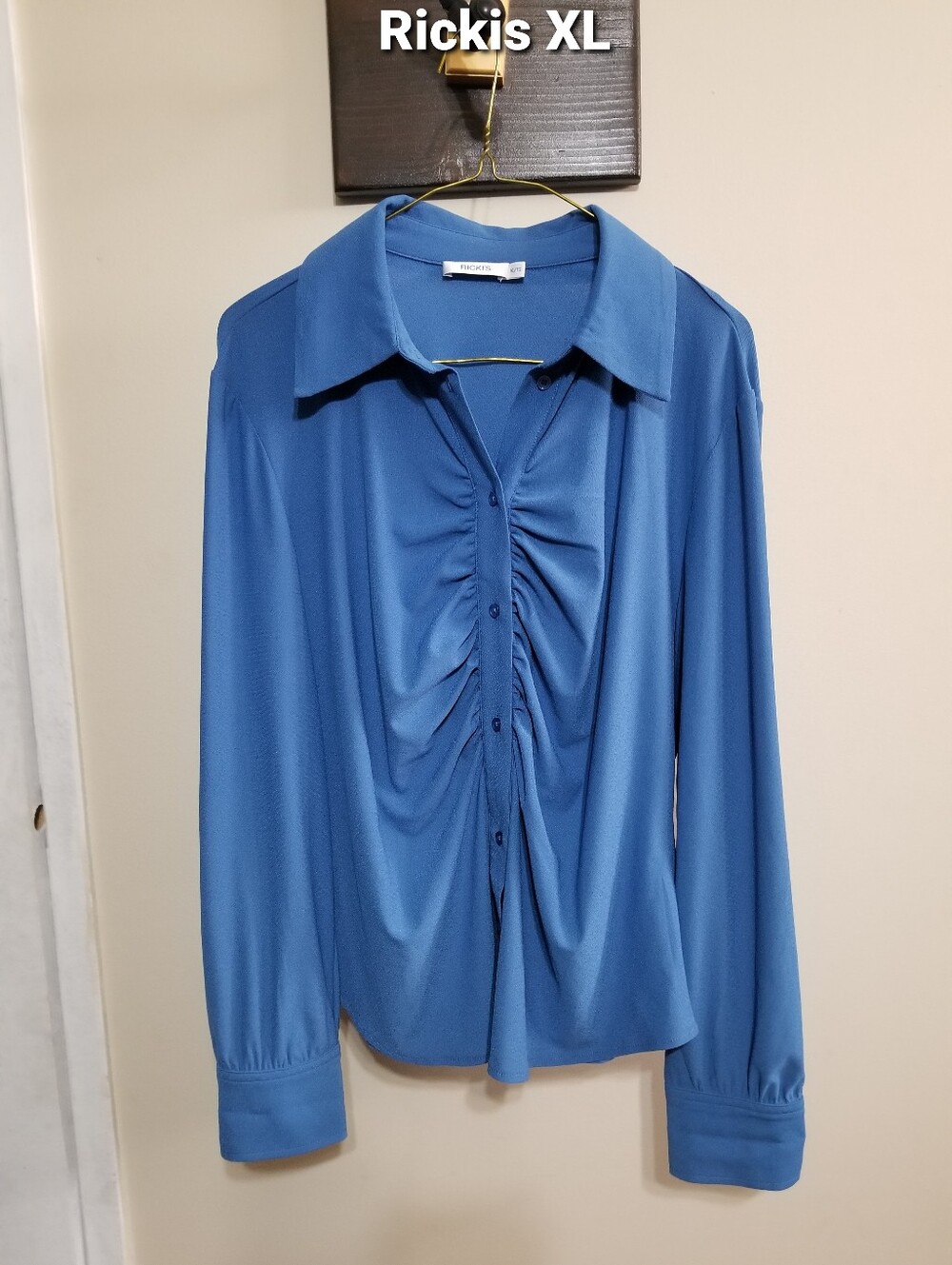 Ricki's Blouse Blue Ruched -Front Button-Up XL Nwotags